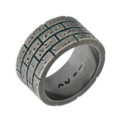 MURALES Oxidized Silver Wide Ring with Green Enamel